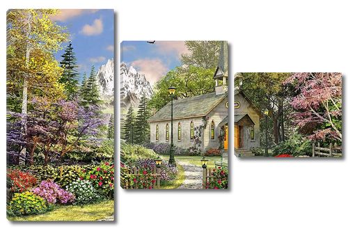 Дом в цветущем парке на фоне гор