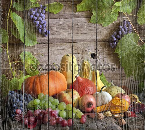 Фрукты и овощи с тыквы в осенний натюрморт
