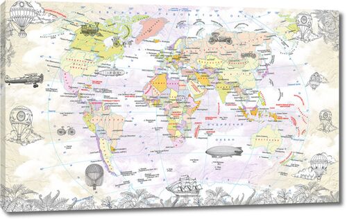 Карта мира с дирижаблями и воздушными шарами