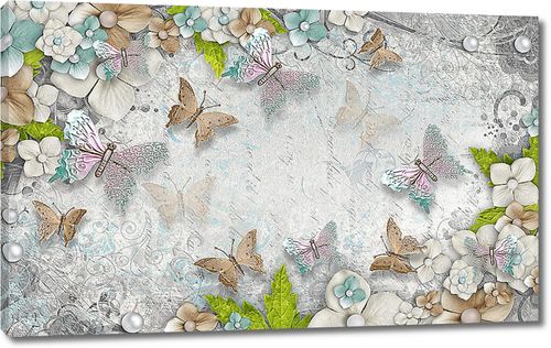 Бабочки с жемчужинками на фоне цветов