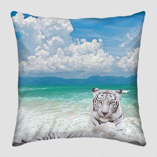 Белый тигр на скале у моря