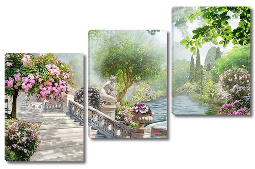 Невероятный сад с рекой фонтанами и цветами