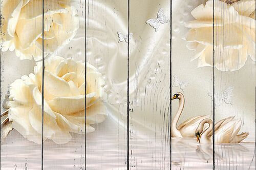 Крупные кремовые розы с лебедями