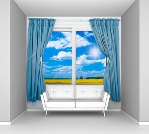 Пейзаж из окна со шторами