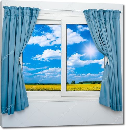 Пейзаж из окна со шторами