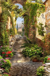 Улица с лестницей и множеством растений
