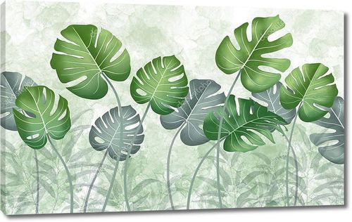 Тропические зеленые листья на светло-зеленом мраморном фоне
