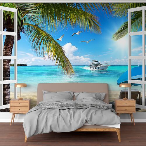 Пляж с пальмами в открытом окне