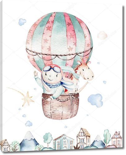 Акварель воздушный шар над домиками