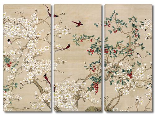 Японские птички среди цветущих ветвей