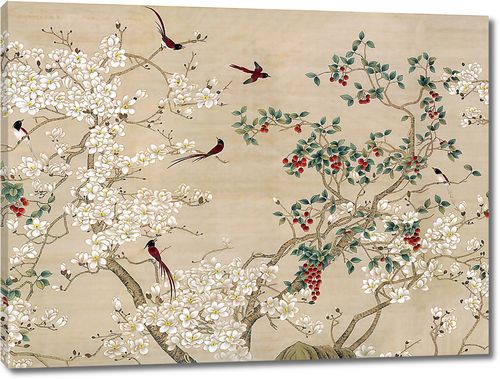 Японские птички среди цветущих ветвей