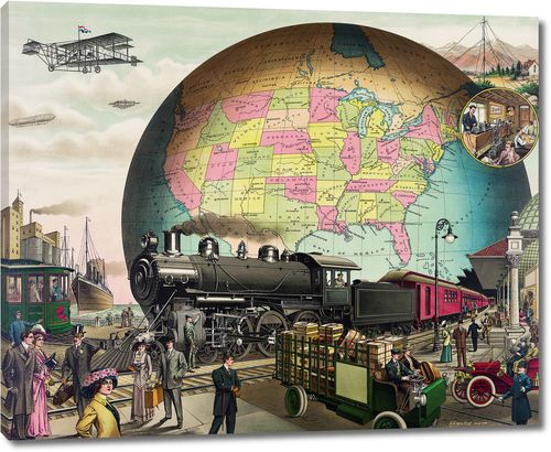 Транспорт двадцатого века на фоне политической карты