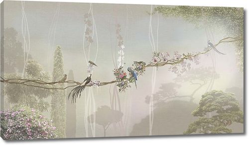 Лиана с экзотическими птицами на фоне кипарисов