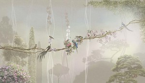 Лиана с экзотическими птицами на фоне кипарисов