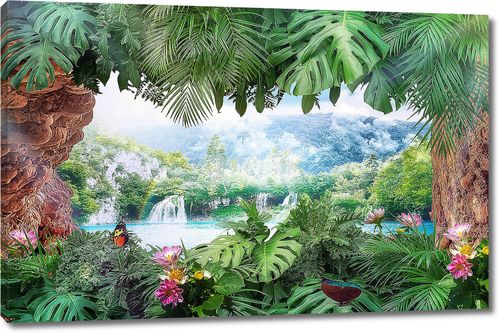 Арка из тропических пальм с видом на водопад
