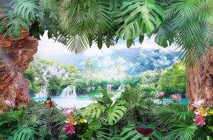 Арка из тропических пальм с видом на водопад
