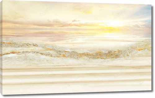 Пейзаж бежевый мраморный фон, море, восход солнца, волны