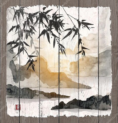 Карточка с бамбуком и горы