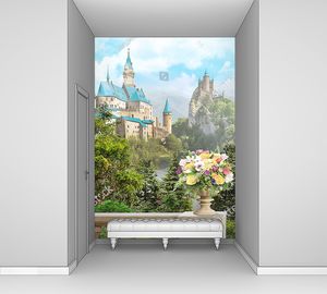 Ваза с цветами на балюстраде на фоне замков