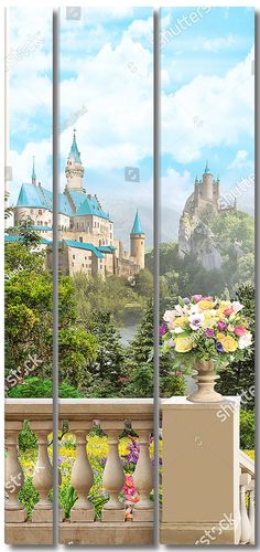 Ваза с цветами на балюстраде на фоне замков