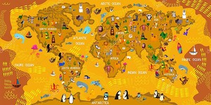 Карта животного мира мультфильмов. Animals from all over the world, oceans and continents.Great for kids design, educational game, magnet or poster design.Vector illustration
 