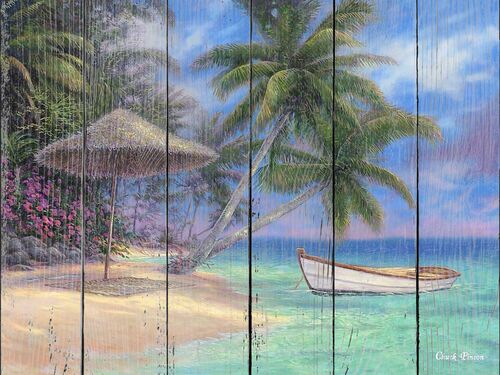Лодка у пляжа под пальмами