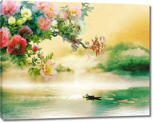 Рыбак на лодке, крупные цветы и темные облака
