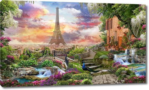 Коллаж с Парижем, цветами и водопадами