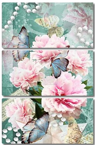 Цветочная открытка. Поздравляем карт с пионами, бабочек и жемчуг. Красивый розовый цветок