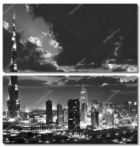 Дубай центр города ночью, черно-белый
