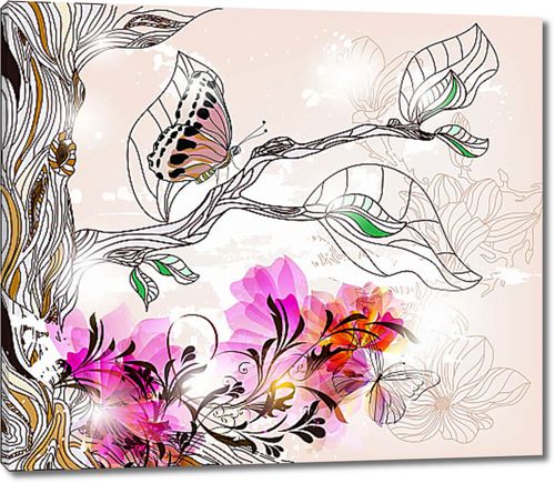 Рисунок бабочки и цветы