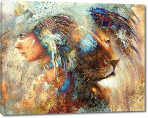 Индийская женщина в головном уборе из перьев  со львом