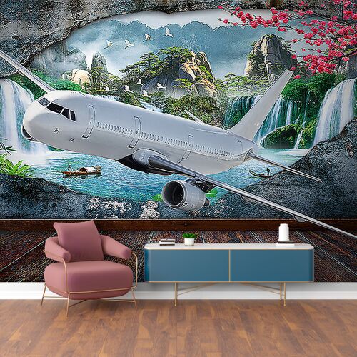 Самолет из стены с прекрасным пейзажем