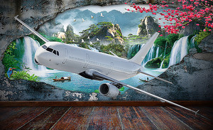 Самолет из стены с прекрасным пейзажем