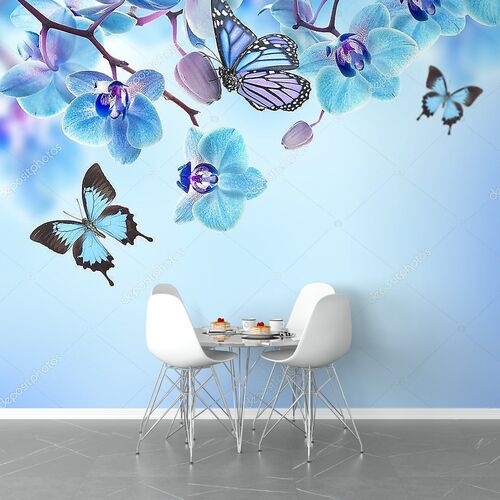 Фон с синими орхидеями и бабочками