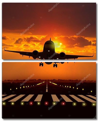 Взлет самолета во время заката