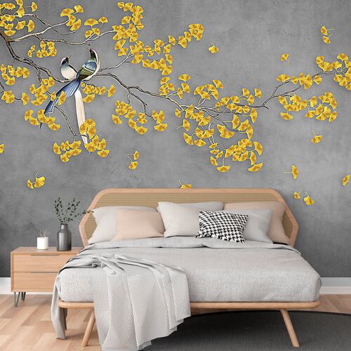 Желтая цветущая ветка с птицами