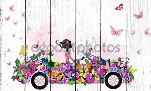 Девушка в цветочном автомобиле