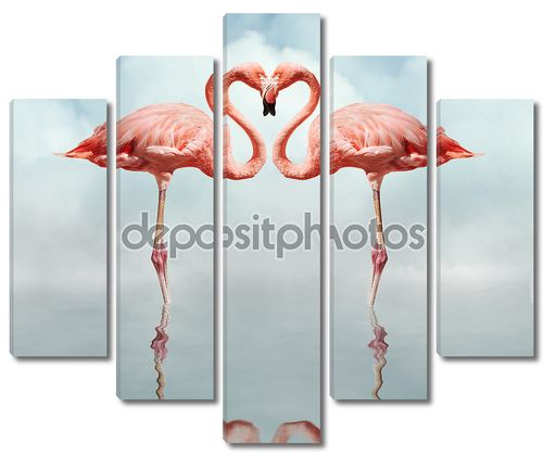 Розовые фламинго, стоят в форме сердца