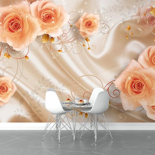 Оранжевые розы на фоне ткани