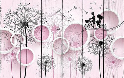 Белые кольца, одуванчики с летающими семенами, силуэт мальчика и девочки на велосипеде