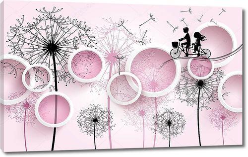 Белые кольца, одуванчики с летающими семенами, силуэт мальчика и девочки на велосипеде