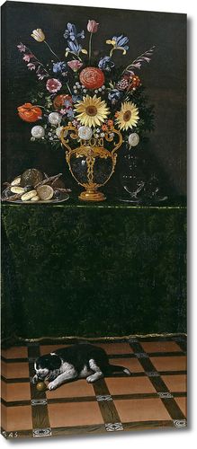 Натюрморт с вазой с цветами и собачкой