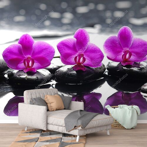 Три цветка орхидеи и  дзен камни