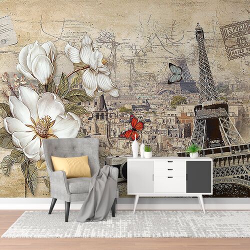 Фреска с цветами и Эйфелевой башней