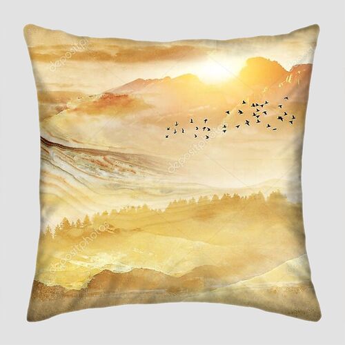 Абстрактная золотая иллюстрация пейзаж мраморные горы, восход солнца, стадо черных птиц в небе
