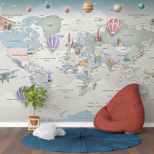Карта мира с достопримечательностям и планетами
