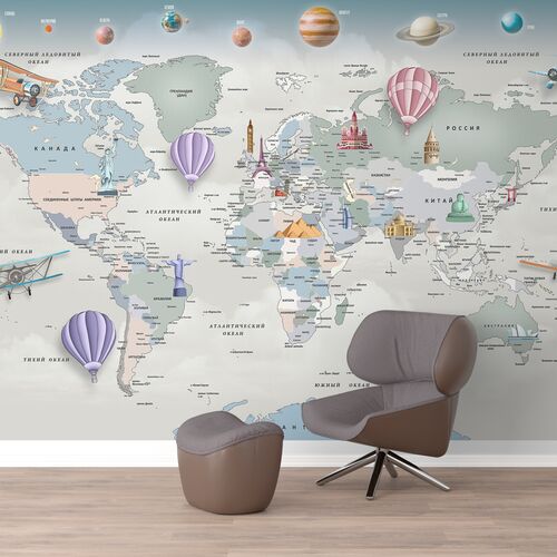 Карта мира с достопримечательностям и планетами