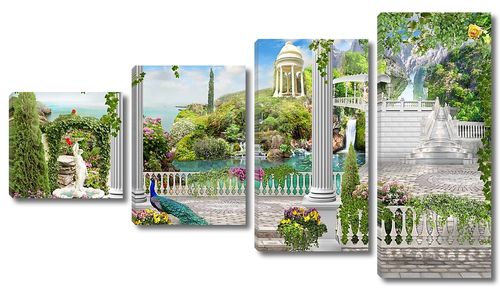Большая терраса с колоннами и видом на сад