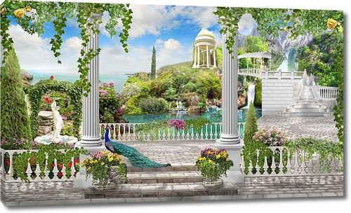 Большая терраса с колоннами и видом на сад